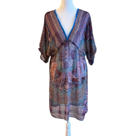 Angie Boho Sheer Paisley Dress Medium Deep V Empire Waist Peasant Sleeve - Picture 1 of 4